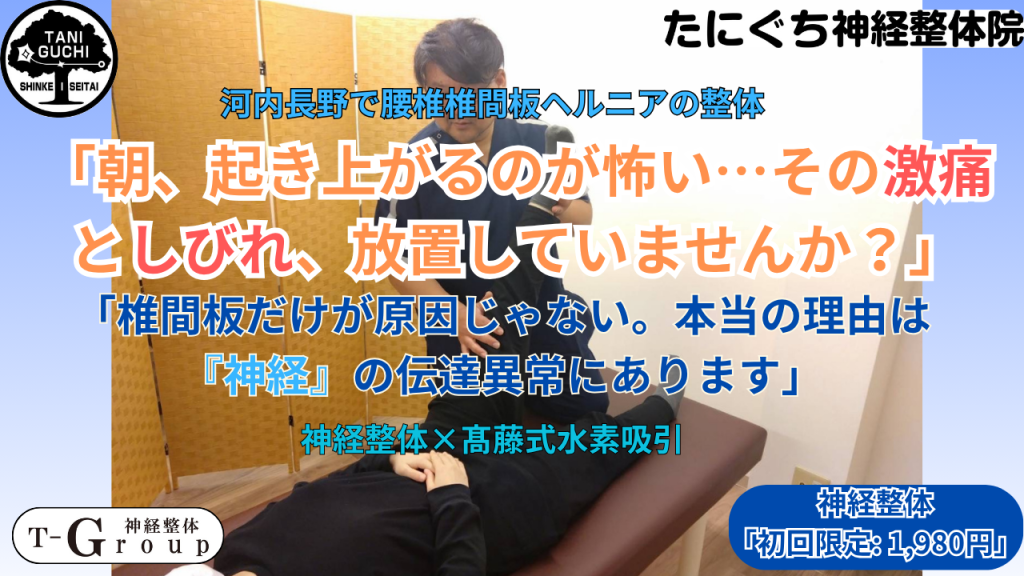 河内長野で腰椎椎間板ヘルニアの激痛としびれをケアするたにぐち神経整体院の案内画像。朝の起き上がりの辛さに寄り添い、椎間板だけではない「神経の伝達異常」に着目した施術方針と初回限定キャンペーンを紹介。